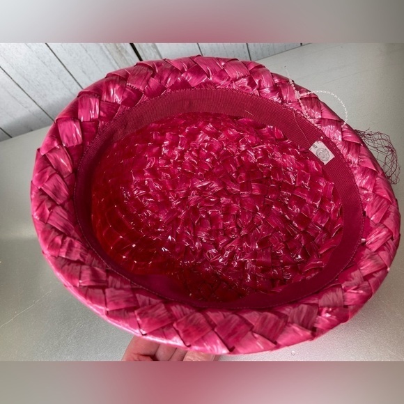 Vintage Bright Pink Raffia Staw basket weave Ladies Cloche Bucket Hat main image 7